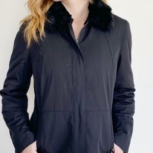 Ann Taylor zip up black puffy coat detachable fur collar